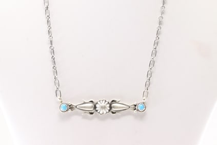 Native America Navajo Sterling Silver Turquoise Necklace By Marita Benally.