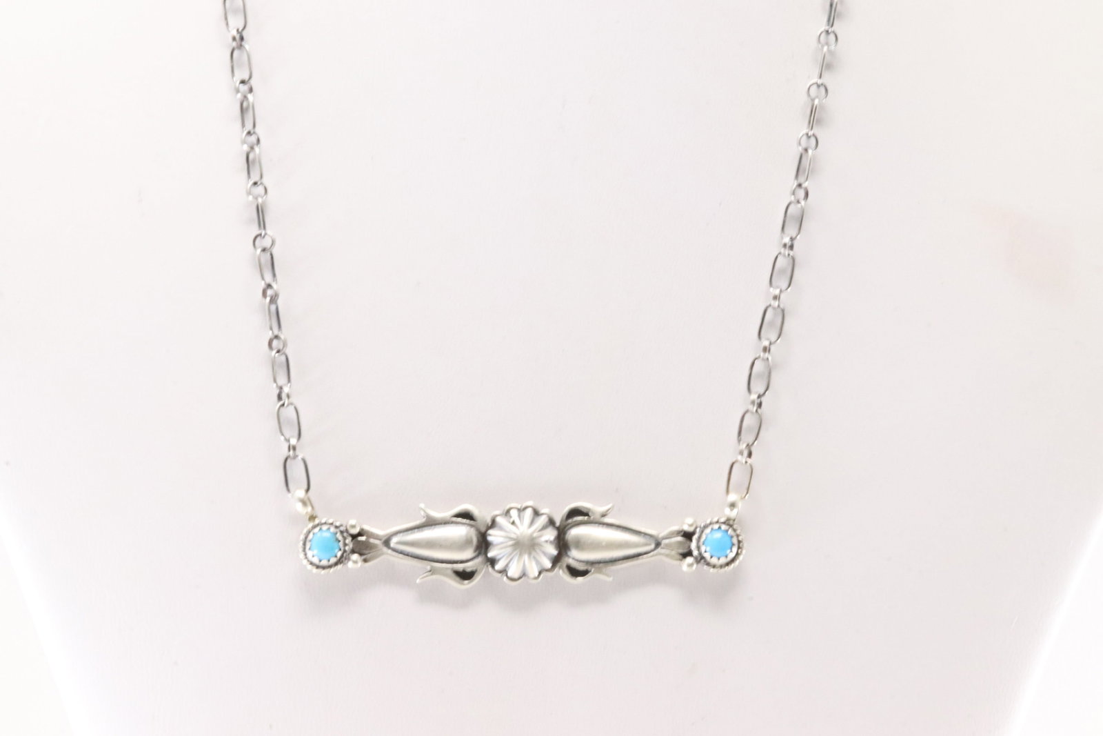 Native America Navajo Sterling Silver Turquoise Necklace By Marita Benally.: This is a Native America Navajo Sterling Silver Turquoise Necklace By Marita Benally. Necklace length: 16.00"