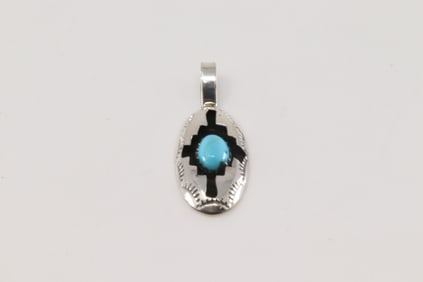 Native America Navajo Sterling Silver Turquoise Pendant By Felix Perry.