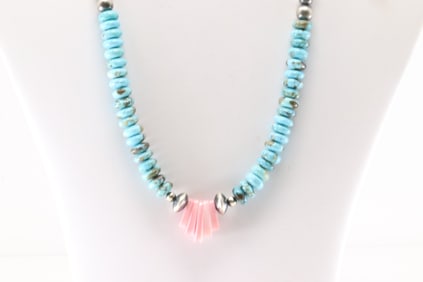 Native America Navajo Sterling Silver Pink Conch Shell & Turquoise Necklace.