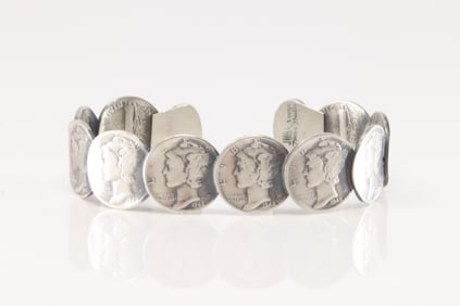 Native America Navajo Sterling Silver Turquoise Mercury Dime Bracelet Cuff By James McCabe.