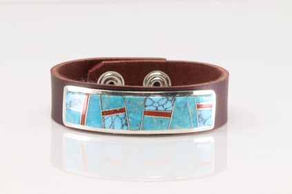 Native America Navajo Sterling Silver Coral & Turquoise Inlay Leather Bracelet By Edison Yazzie.