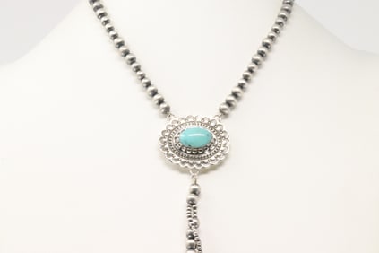 Native America Navajo Sterling Silver Turquoise Necklace By Lucinda Sardo.