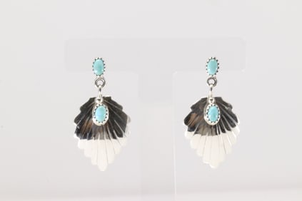 Native America Navajo Sterling Silver Turquoise Leaf Post / Dangling Earring's By Genevieve