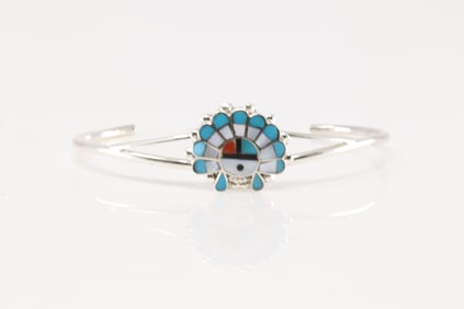 Native America Zuni Sterling Silver Multi-Color Stone Sunface Barcelet Cuff By E.R.