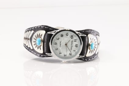 Native American Navajo Sterling Silver Turquoise Watch Leather Bracelet By Frank Armstrong.