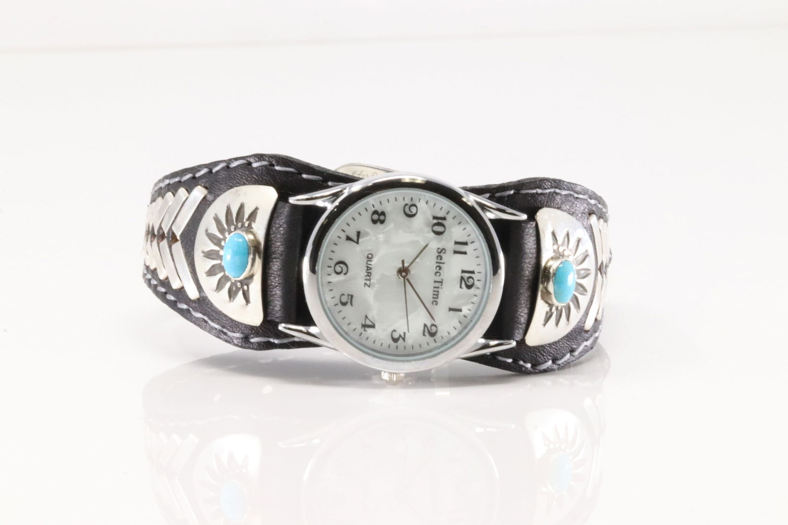 Native American Navajo Sterling Silver Turquoise Watch Leather Bracelet By Frank Armstrong.: This is a Native American Navajo Sterling Silver Turquoise Watch Leather Bracelet By Frank Armstrong. Length: 10.00" Adjustable.