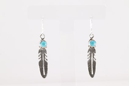 Native America Navajo Sterling Silver Turquoise Feather Dangling Earring's By Sharon McCarthy.