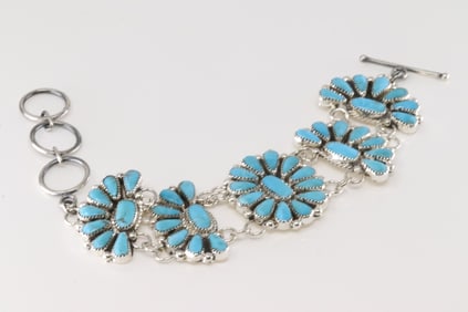 Native America Navajo Sterling Silver Kingman Turquoise Bracelet Link By Alicia Wilson.