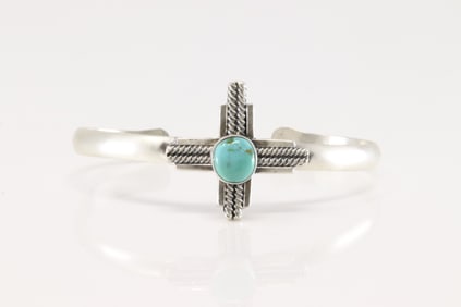 Native America Navajo Sterling Silver Turquoise Cross Bracelet Cuff By Randy Billy.