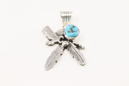 Native America Navajo Sterling Silver Turquoise Eagle Pendant By Genevieve Francisco.