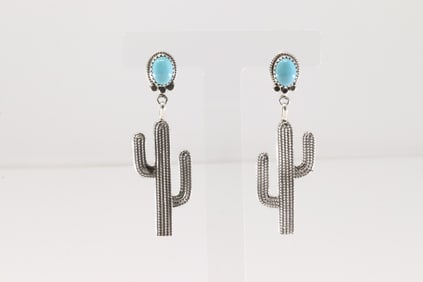 Native America Navajo Sterling Silver Turquoise Cactus Post / Dangling Earring's.