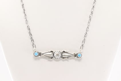 Native America Navajo Sterling Silver Turquoise Necklace By Marita Benally.