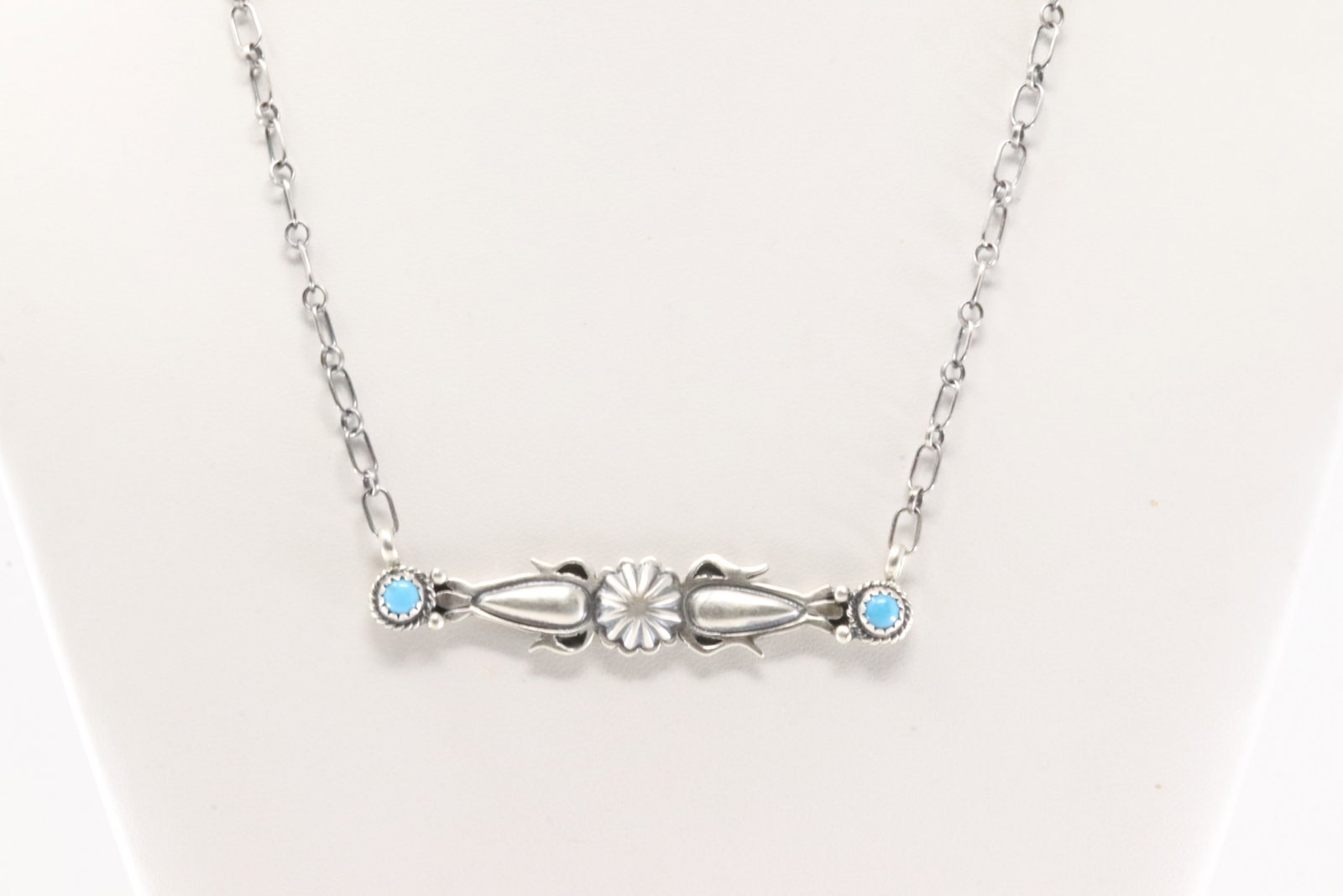 Native America Navajo Sterling Silver Turquoise Necklace By Marita Benally.: This is a Native America Navajo Sterling Silver Turquoise Necklace By Marita Benally. Necklace length: 18.00"