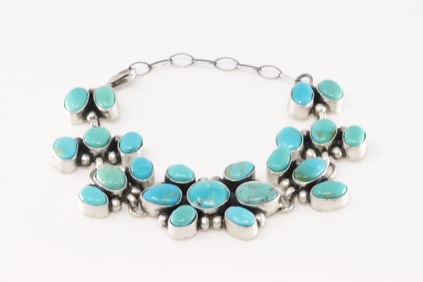 Native America Navajo Sterling Silver Turquoise Bracelet Link By Betty Tom.
