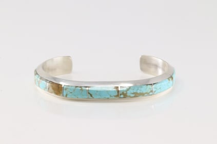 Native America Navajo Sterling Silver Number 8 Turquoise Inlay Bracelet By Brandon Etcitty.