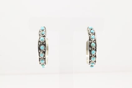 Native America Zuni Sterling Silver Turquoise Hoop Earring's By Joan Cheama.