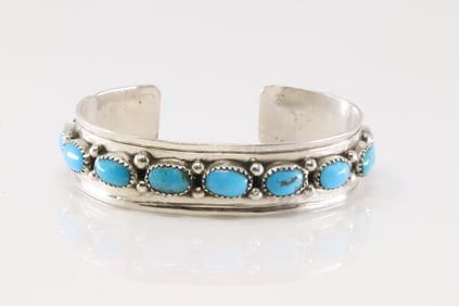 Native America Navajo Sterling Silver Turquoise Bracelet Cuff By Eunis Tso.