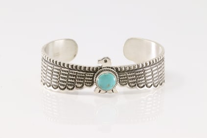 Native America Navajo Sterling Silver Turquoise Thunderbird Bracelet Cuff By Darrell Cadman.