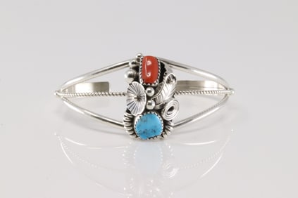 Native America Navajo Sterling Silver Coral & Turquoise Bracelet Cuff By Max Calladito.