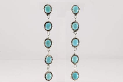 Native America Navajo Sterling Silver Kingman Turquoise Post / Dangling By Maxine Ramirez.