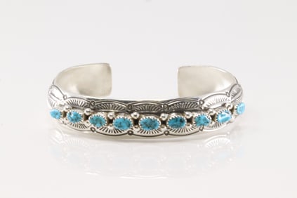 Native America Navajo Sterling Silver Turquoise Bracelet Cuff By G.S.