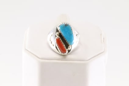 Native America Zuni Sterling Silver Coral & Turquoise Ring By M.L.