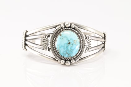 Native America Navajo Sterling Silver Kingman Turquoise Bracelet Cuff By Jimmy Kee.