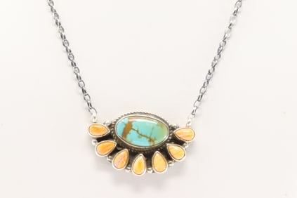 Native America Navajo Sterling Silver Spiny Oyster & Kingman Turquoise Necklace By Geraldine James.