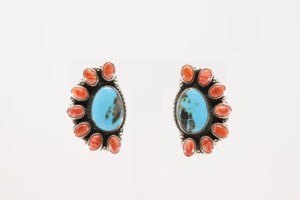 Native America Navajo Sterling Silver Spiny Oyster & Kingman Turquoise Post Earring's By Geraldine