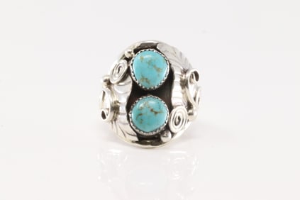 Native America Navajo Sterling Silver Turquoise Ring 2 Stone By B.