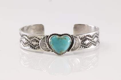 Native America Navajo Sterling Silver Kingman Turquoise Heart Bracelet Cuff By Sunshine Reeves.