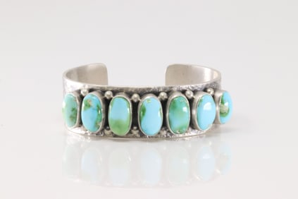 Native America Navajo Sterling Silver Sonora Gold Turquoise Bracelet Cuff By B.Benally.