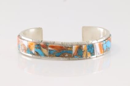 Native America Navajo Sterling Silver Multi-Color Stone Inlay Bracelet Cuff By Steve Francisco.