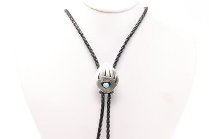 Native America Navajo Sterling Silver Bear Paw Turquoise Bolo Necklace By Ervin Begay.