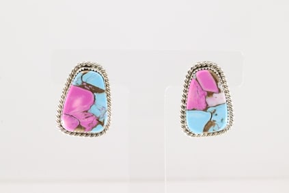 Native America Navajo Sterling Silver Turquoise Comprossed Post Earring's By Gabi Jim.