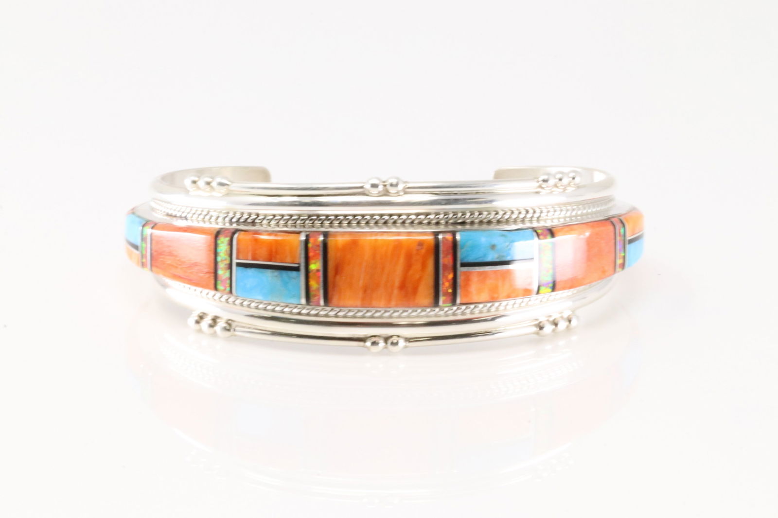 Native America Zuni Sterling Silver Multi-Color Stone Inlay Bracelet Cuff By J.Douglas. (1 of 4)