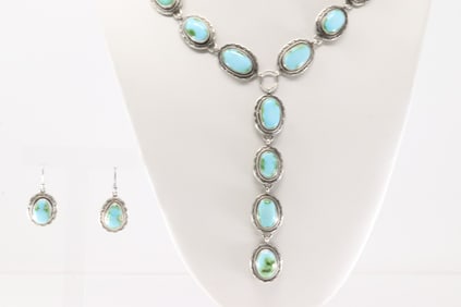 Native America Navajo Sterling Silver Sonora Gold Turquoise Necklace & Earring's Set By S.F.