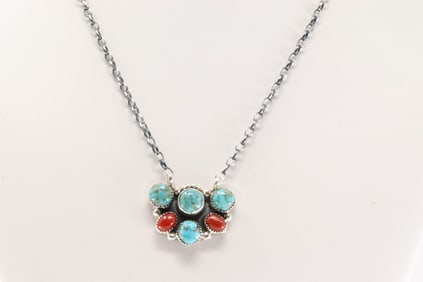 Native America Navajo Sterling Silver Coral & Turquoise Necklace By Sheila Becenti.