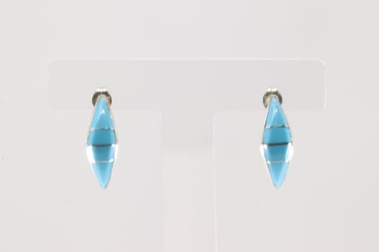 Native America Zuni Sterling Silver Turquoise Inlay Hoop Earring's By Robert Kanesta.