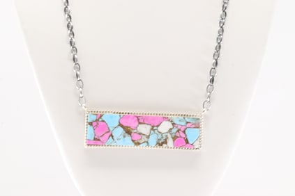 Native America Navajo Sterling Silver Turquoise Compressed Necklace By Brandon Etcitty.