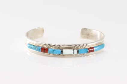Native America Navajo Sterling Silver Multi-Color Stone Inlay Bracelet Cuff By Mary Lincolin.