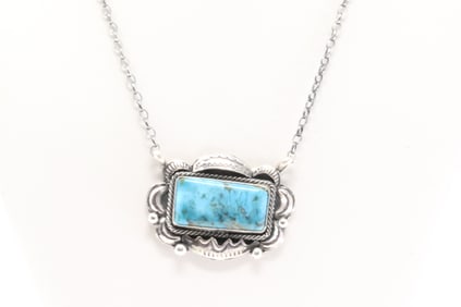 Native American Navajo Sterling Silver Turquoise Necklace By Juanita Long.
