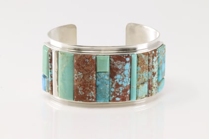 Native America Navajo Sterling Silver Kingman Turquoise Bracelet Cuff By H.Smith.