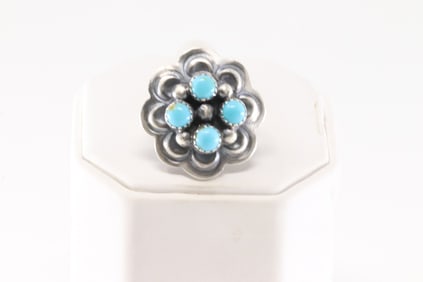Native America Navajo Sterling Silver Turquoise Flower Ring By Yazzie.