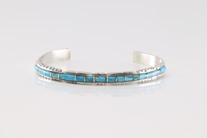 Native America Zuni Sterling Silver Turquoise Inlay Bracelet Cuff By Sheldon Lalio.