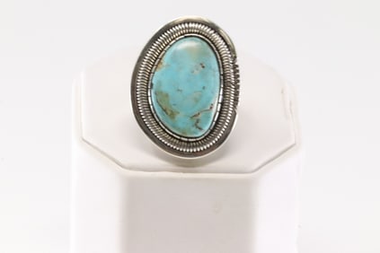 Native America Navajo Sterling Silver Kingman Turquoise Ring By W.B.V.