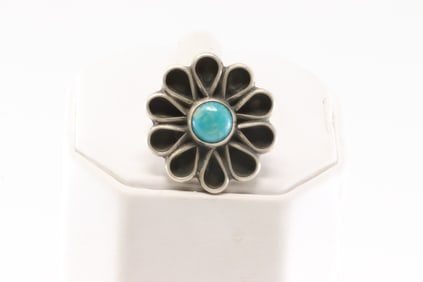 Native America Navajo Sterling Silver Flower Turquoise Ring By Geraldine James.