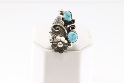 Native America Navajo Sterling Silver Floral Turquoise Ring By J.