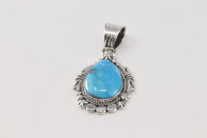 Native America Navajo Sterling Silver Turquoise Pendant By Samuel Yellowhair.